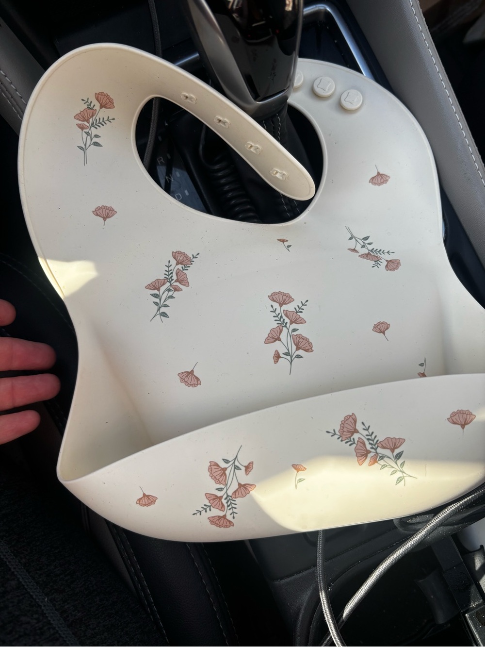 Cream Silicone Baby Bib with Pink Floral Print